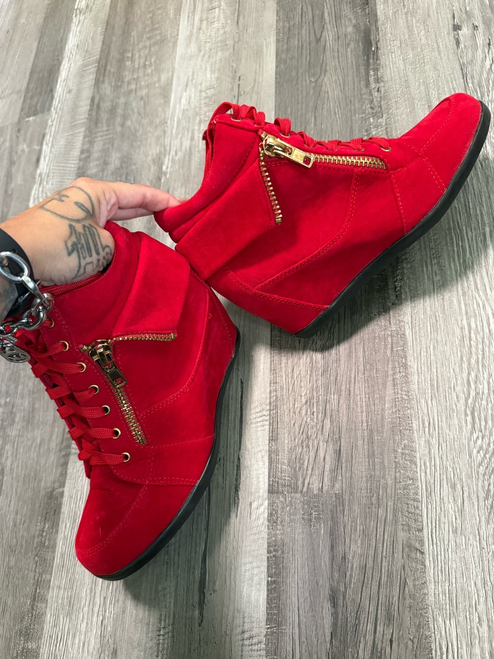 Red Wedge Sneaker Boots with Gold Zipper - Picture 5 of 10